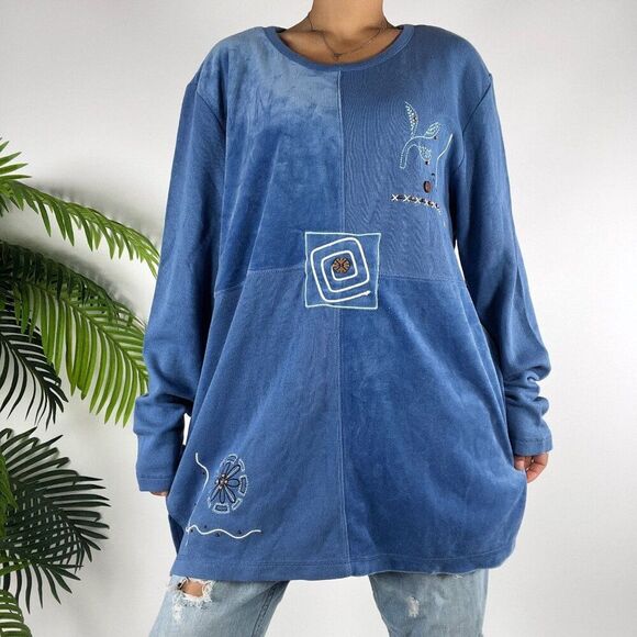 Vintage 90s Blue Embroidered Patchwork Bohemian Oversized Long Sleeve Top / XL - Picture 1 of 8